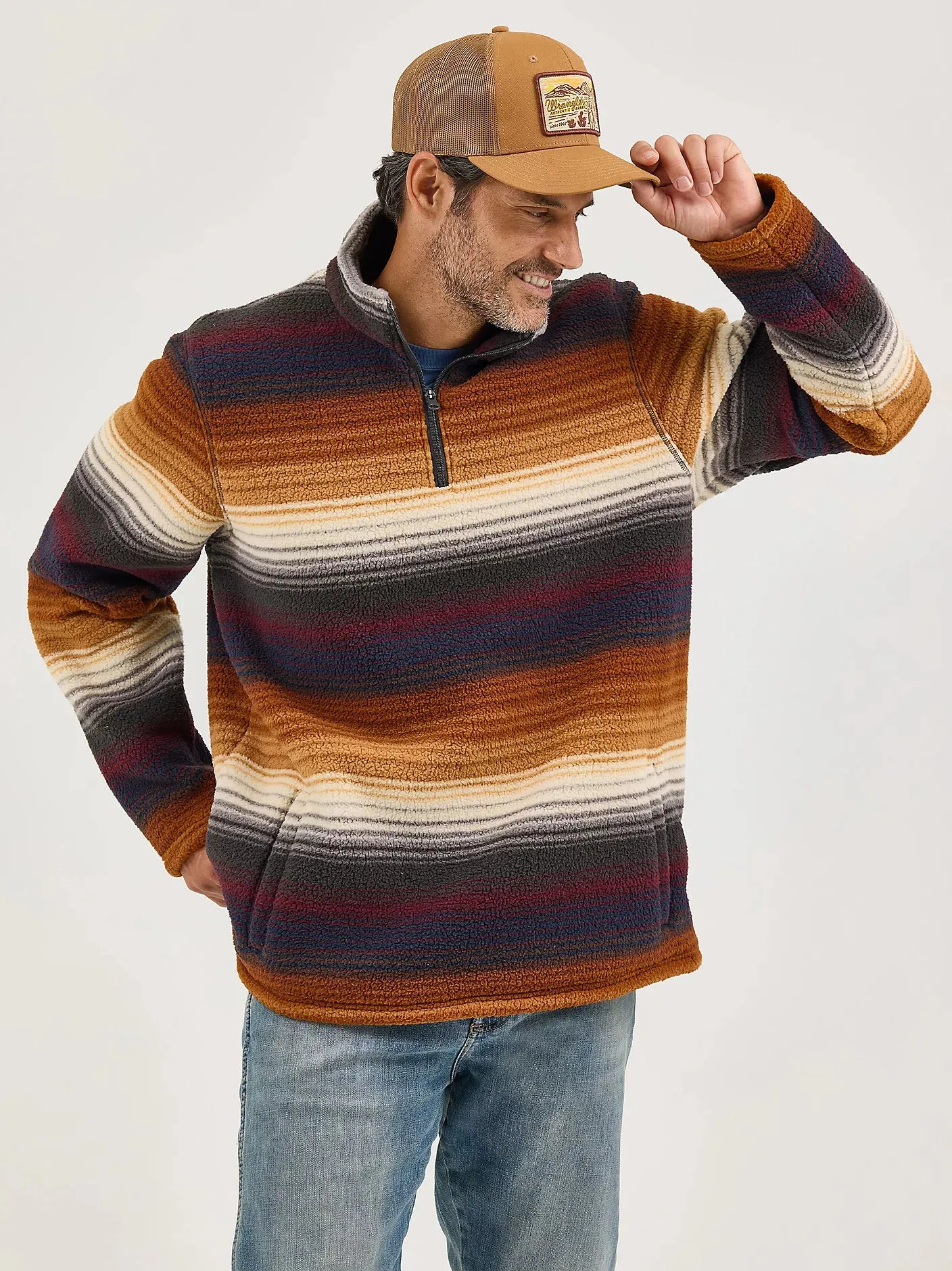 WRANGLER MENS STRIPED QUARTER ZIP SHERPA PULLOVER sold by Bridle Path Tack Shop