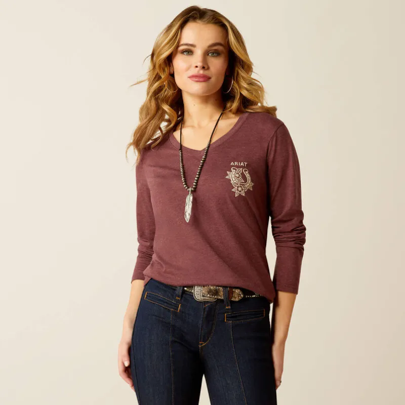 ARIAT WOMENS FINE BOOTS AND DENIM LONG SLEEVE TEE - MAROON HEATHER sold by Bridle Path Tack Shop