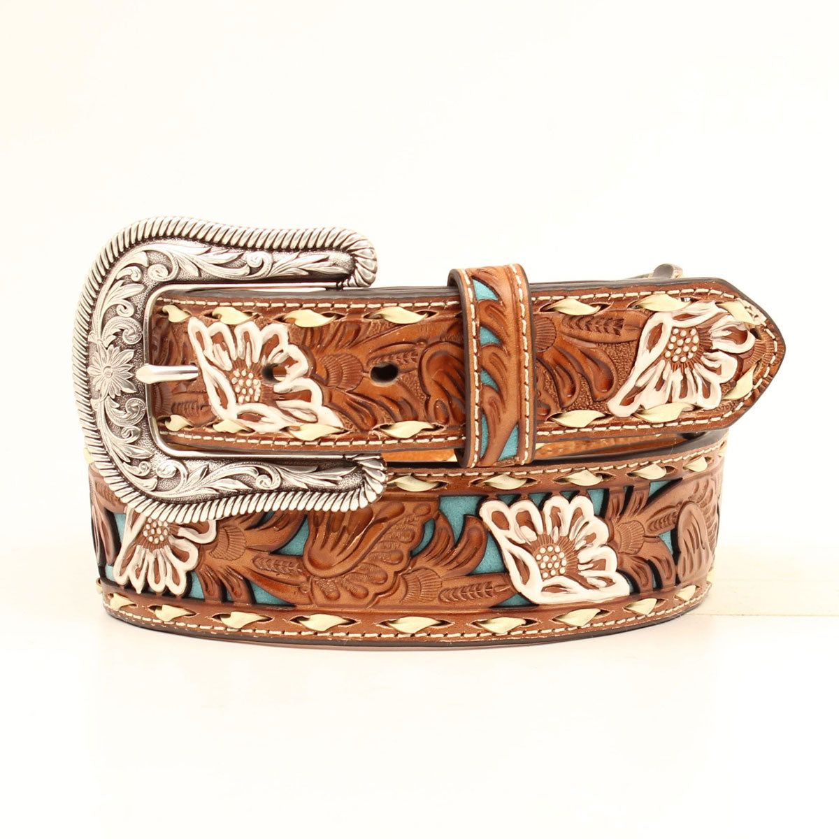 NOCONA WOMENS PIERCED FLORAL BELT - TURQUOISE sold by Bridle Path Tack Shop