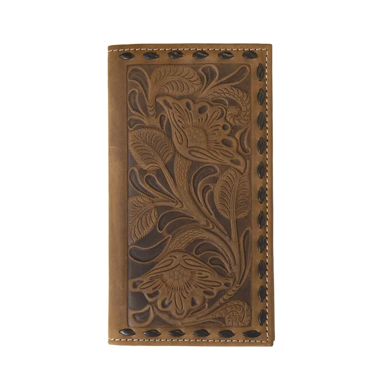 NOCONA MENS RODEO WALLET FLORAL EMBOSSED CHOCOLATE BUCK LACING BROWN sold by Bridle Path Tack Shop