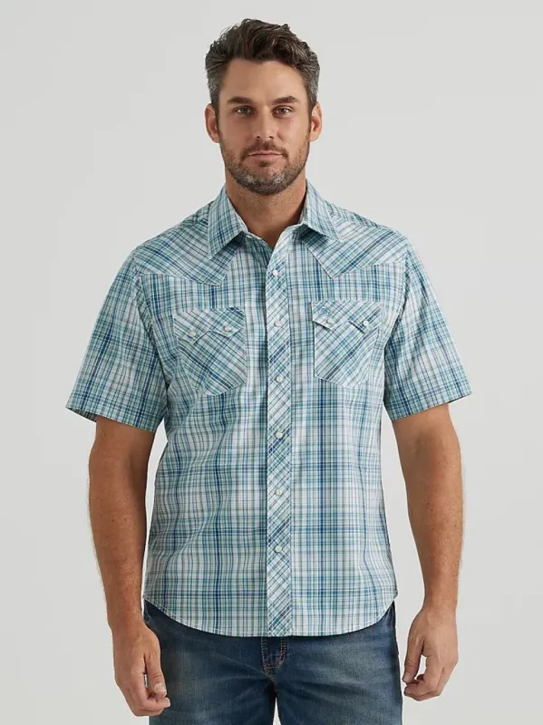 WRANGLER MENS RETRO SHORT SLEEVE SAWTOOTH SHIRT - AQUA PLAID sold by Bridle Path Tack Shop