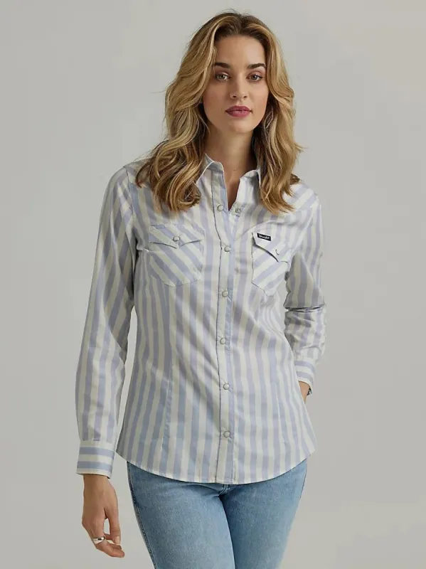 WRANGLER WOMENS ALL OCCASION SNAP SHIRT - BLUE STRIPES sold by Bridle Path Tack Shop