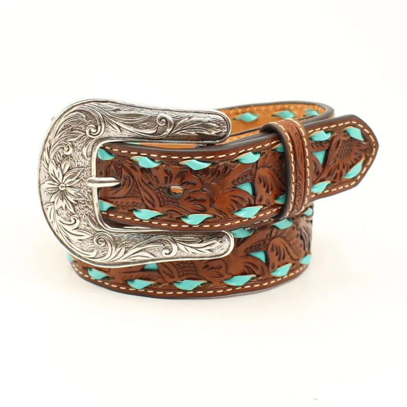 NOCONA GIRLS FLORAL TURQ UNDERLAY BELT sold by Bridle Path Tack Shop