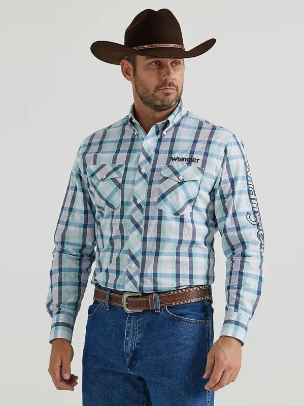 WRANGLER MENS LOGO SHIRT - LARK PLAID sold by Bridle Path Tack Shop