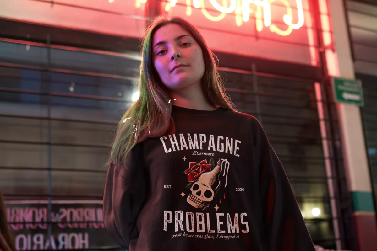 Champagne Problems Creepy Skull Bottle Halloween Edition Sweatshirt sold by DaisyDustLand