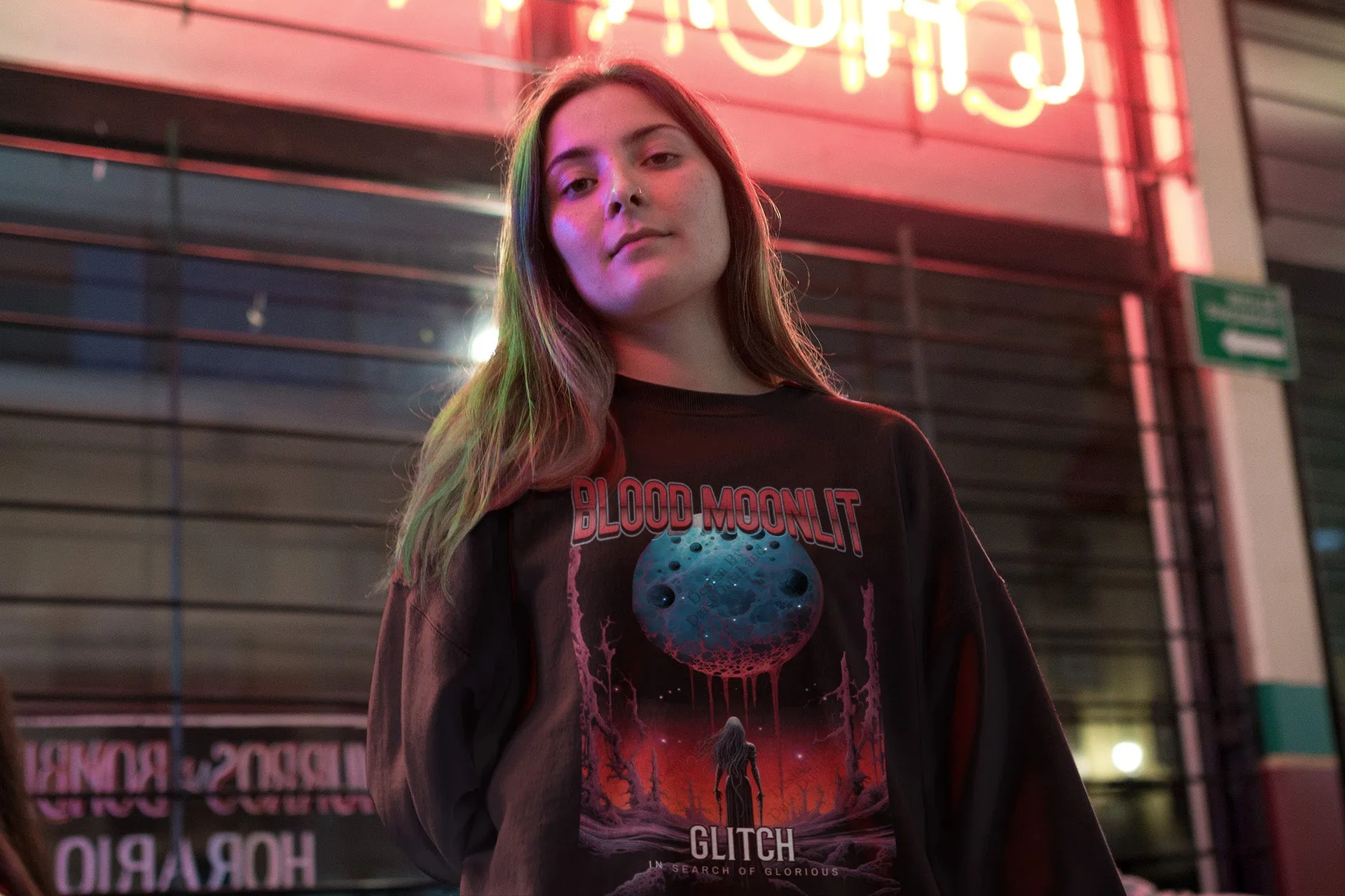 Glitch Blood Moonlit Vintage Movie Poster Sweatshirt sold by DaisyDustLand