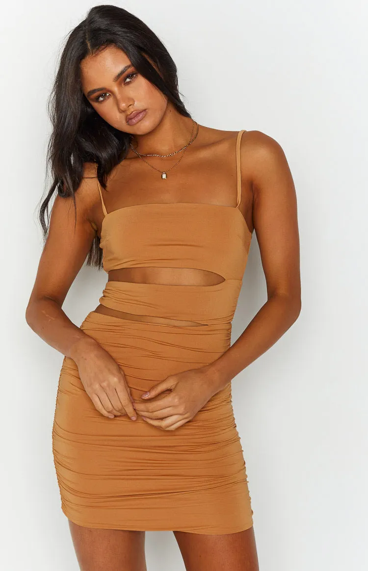 Dameela Tan Cut Out Mini Dress sold by Beginning Boutique