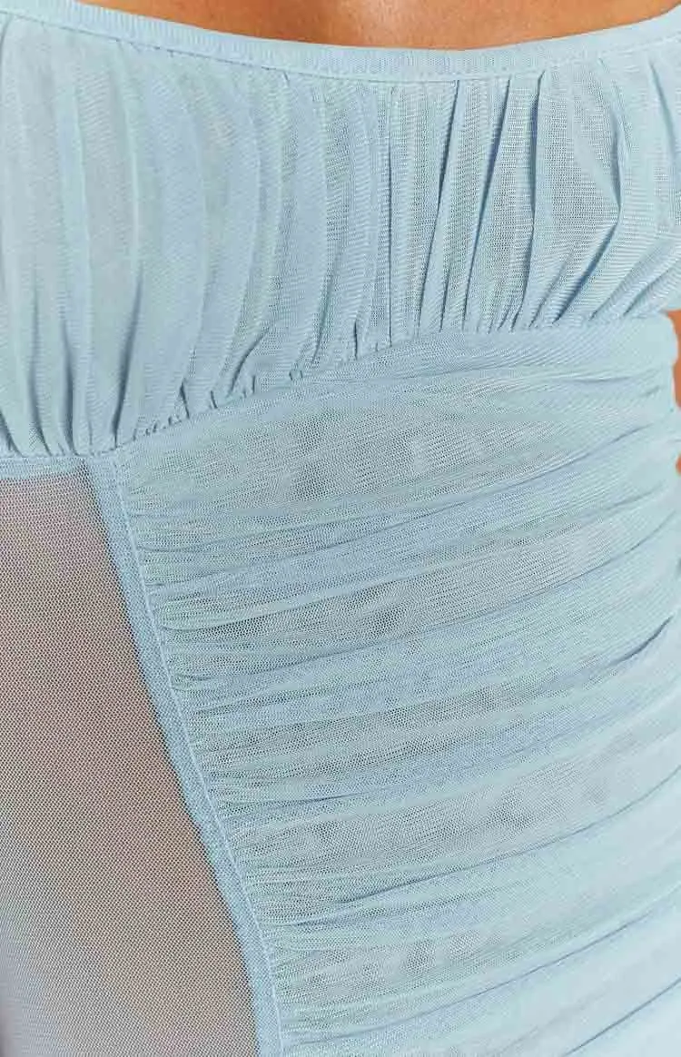 Andrea Blue Ruched Sheer Midi Dress sold by Beginning Boutique product image thumbnail 5