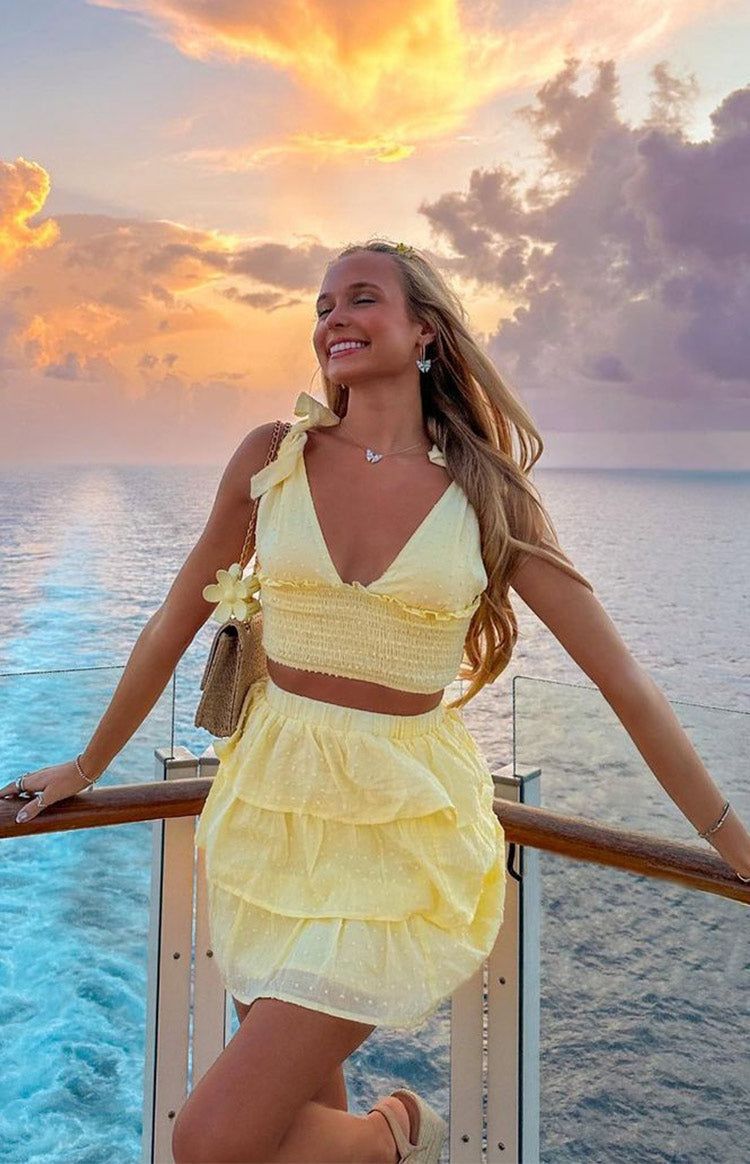 Madelyn Yellow Shoulder Tie Top sold by Beginning Boutique