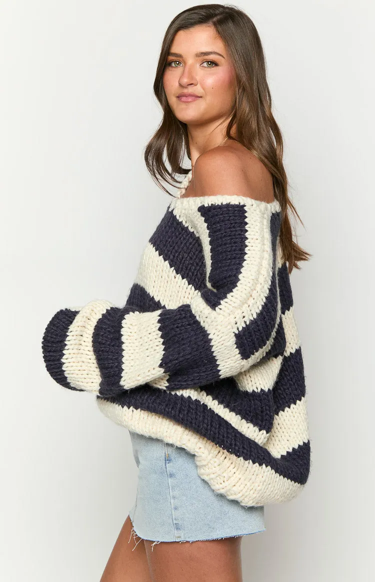 Delvey Navy Striped Chunky Knit Sweater sold by Beginning Boutique product image thumbnail 4