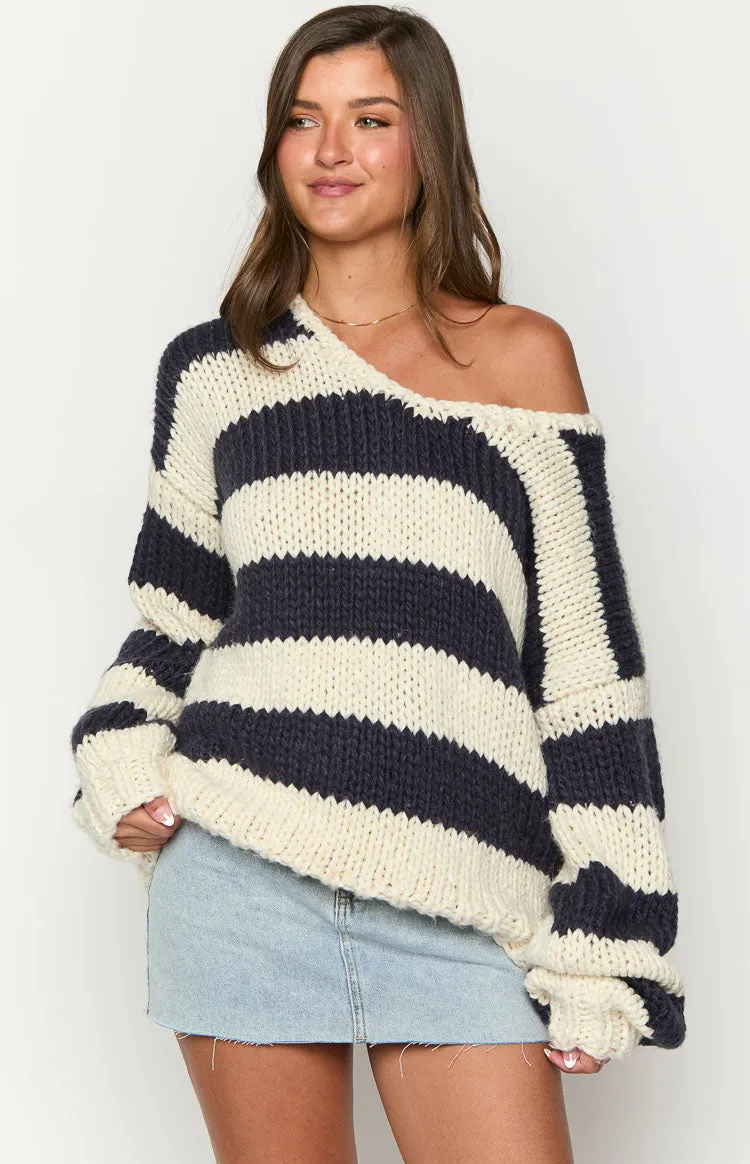 Delvey Navy Striped Chunky Knit Sweater sold by Beginning Boutique product image thumbnail 2