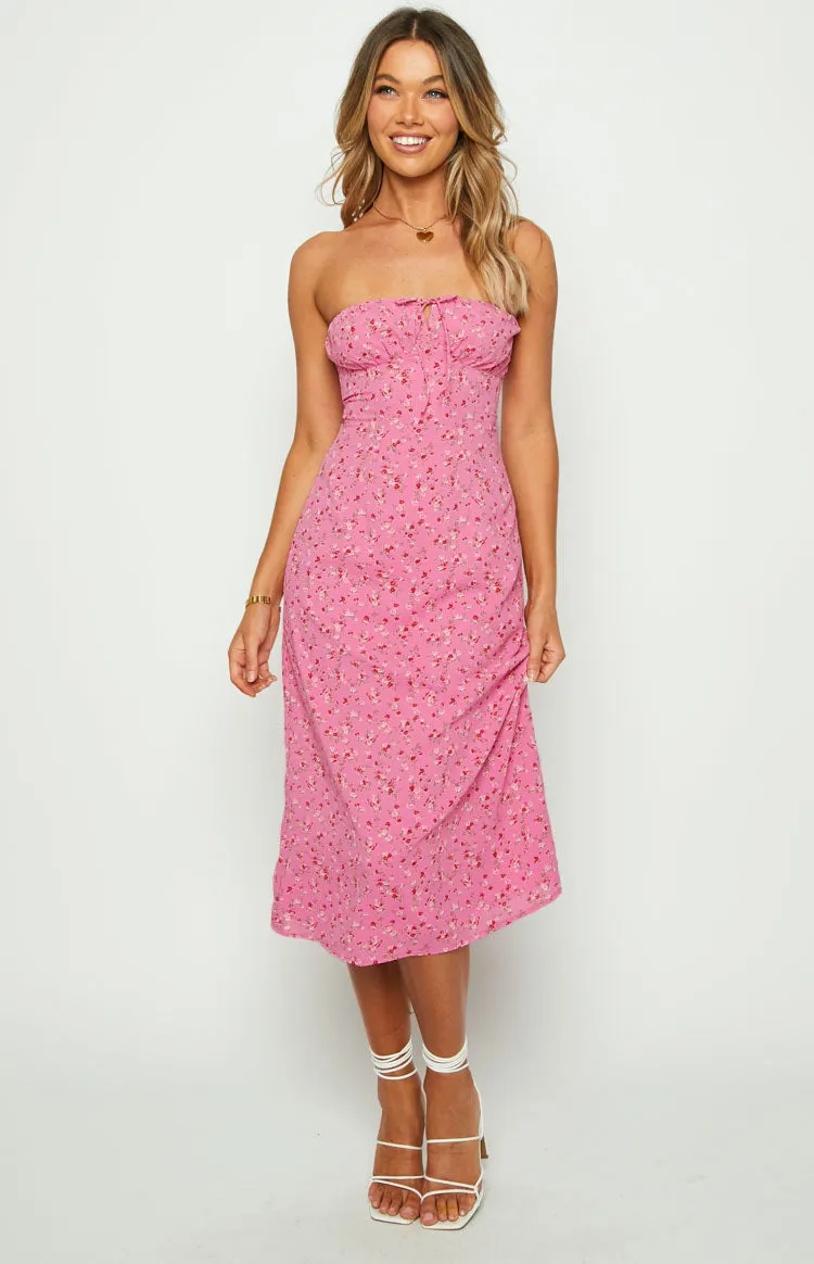 Dion Pink Floral Strapless Midi Dress sold by Beginning Boutique product image thumbnail 3