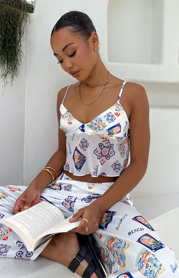 Kyrah White Satin Italia Print Crop Top sold by Beginning Boutique