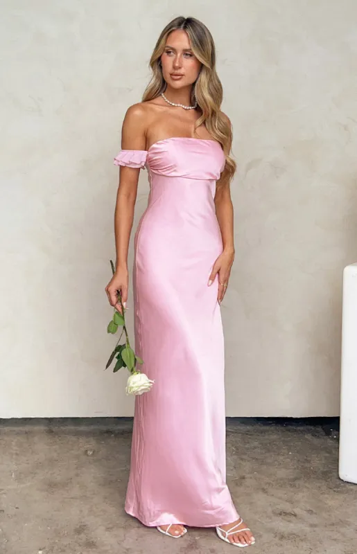 Elvira Pink Satin Formal Maxi Dress sold by Beginning Boutique