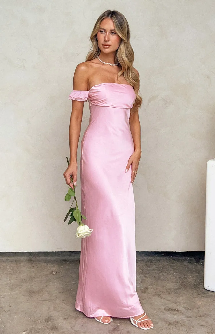 Elvira Pink Satin Formal Maxi Dress sold by Beginning Boutique
