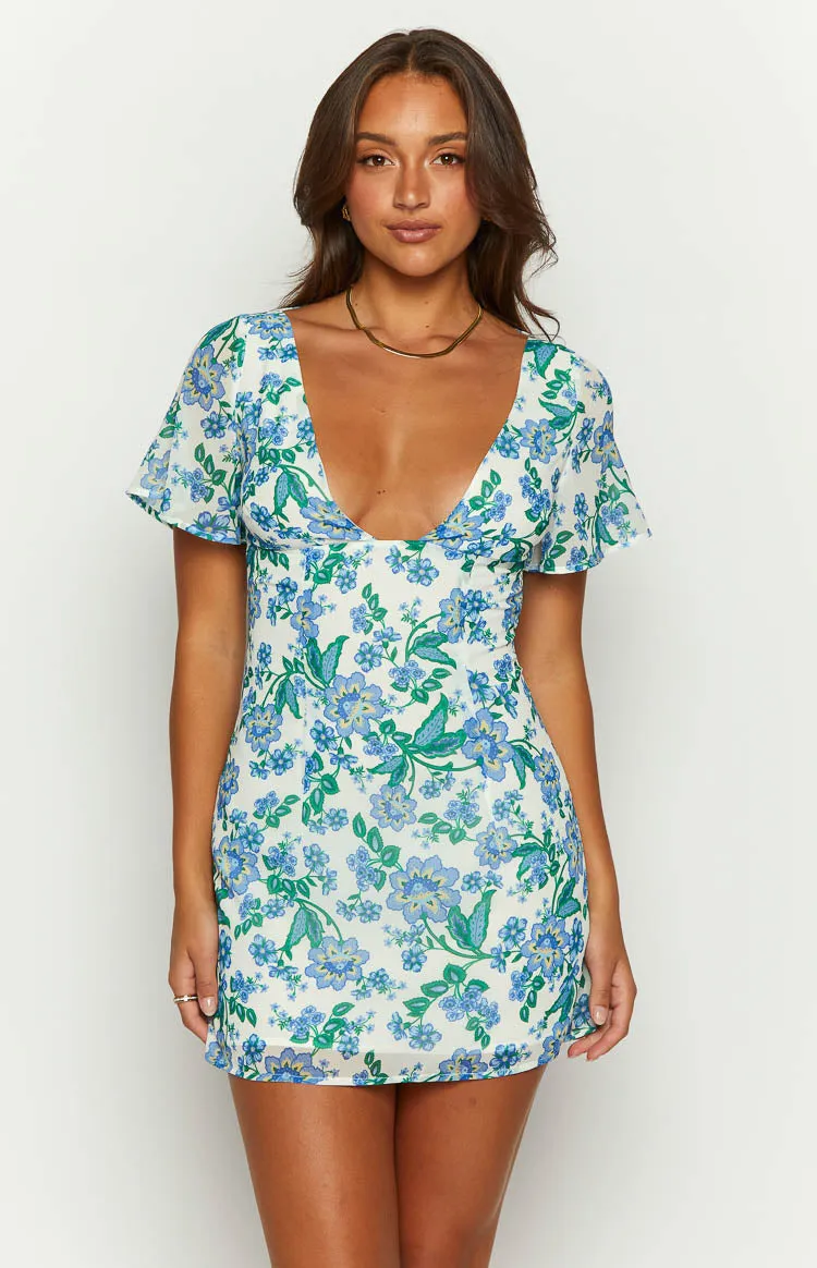 Mira Blue Floral Chiffon Mini Dress sold by Beginning Boutique product image thumbnail 3
