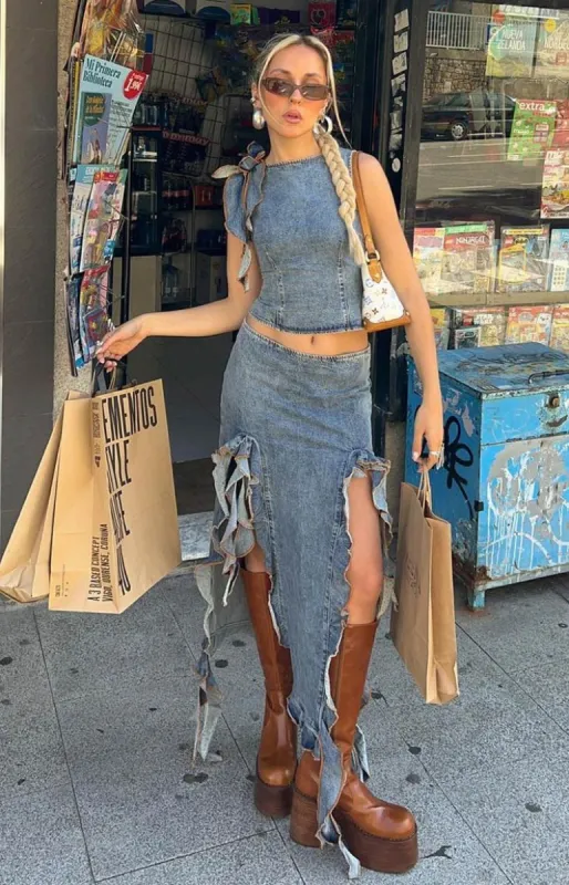 Lioness Rendezvous Faded Denim Maxi Skirt sold by Beginning Boutique