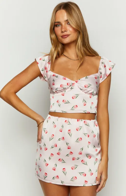 Maeva Pink Satin Tulip Print Top sold by Beginning Boutique
