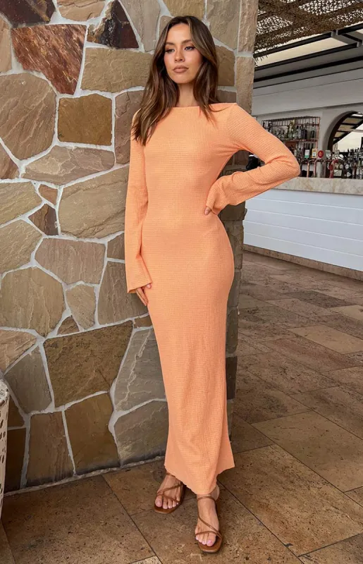 Looking For Love Orange Long Sleeve Midi Dress sold by Beginning Boutique