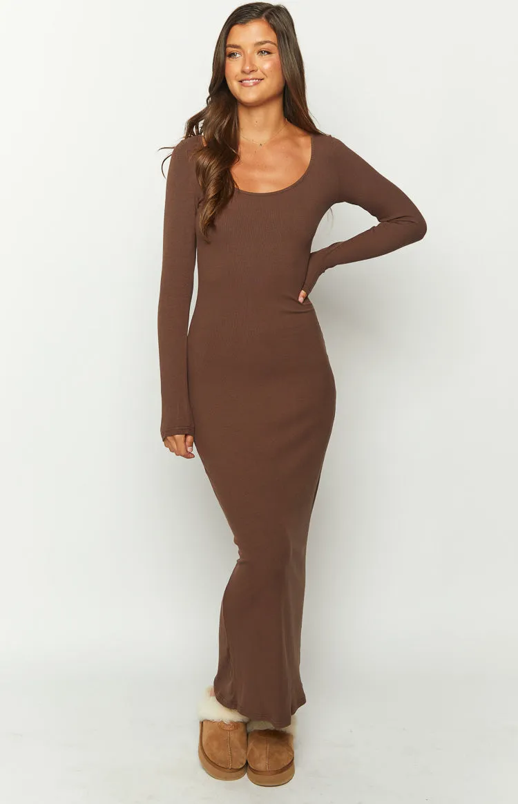 Lily Brown Long Sleeve Maxi Dress sold by Beginning Boutique