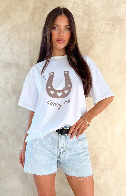 Lucky You White Western Tee sold by Beginning Boutique