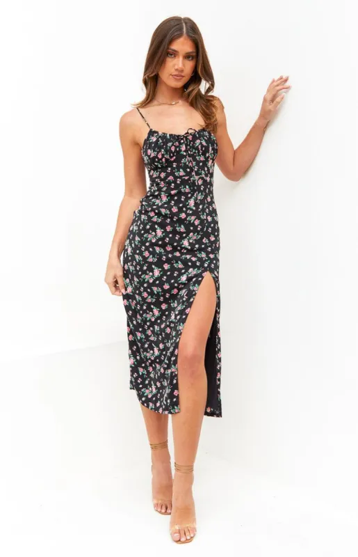 Paloma Black Floral Midi Dress sold by Beginning Boutique