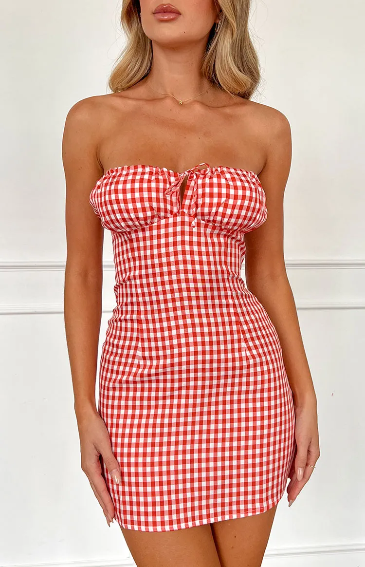 Faith Red Gingham Strapless Mini Dress sold by Beginning Boutique