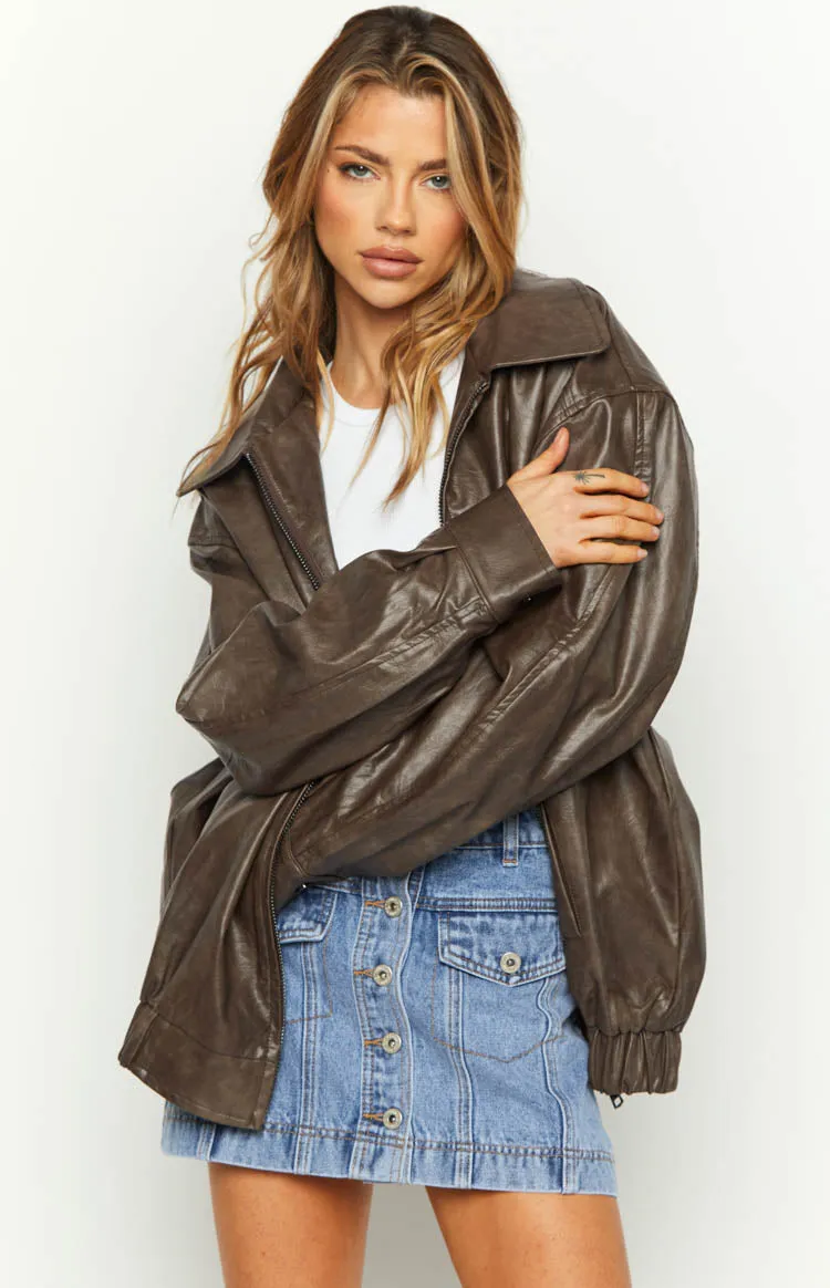 Abbi PU Vintage Brown Bomber Jacket sold by Beginning Boutique product image thumbnail 5