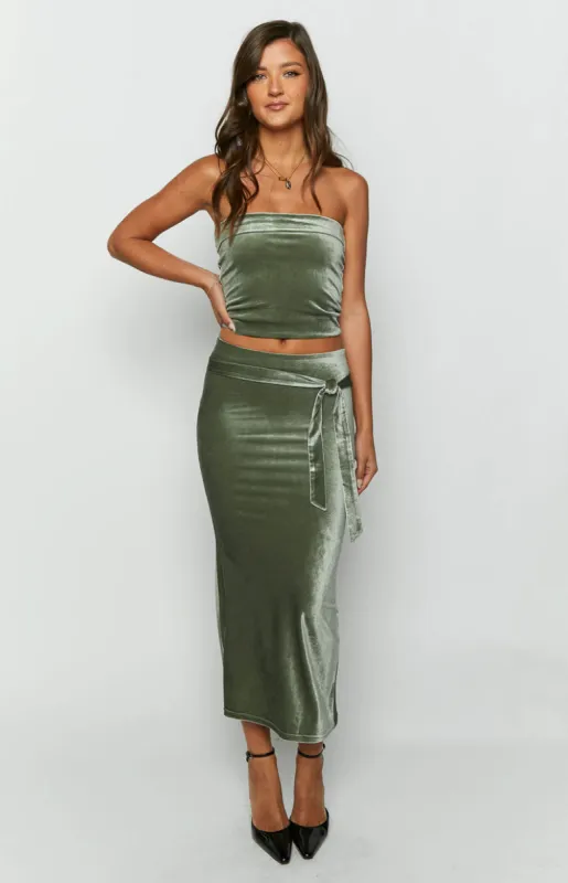 Arleth Green Velvet Maxi Skirt sold by Beginning Boutique