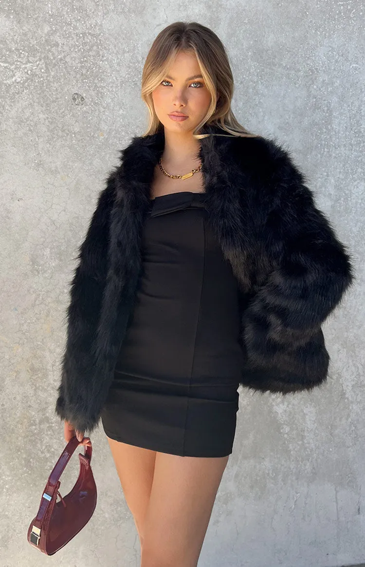 Lioness Bada Bing Onyx Faux Fur Jacket sold by Beginning Boutique