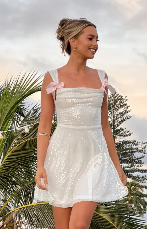 Kairos White Sequin Mini Dress sold by Beginning Boutique
