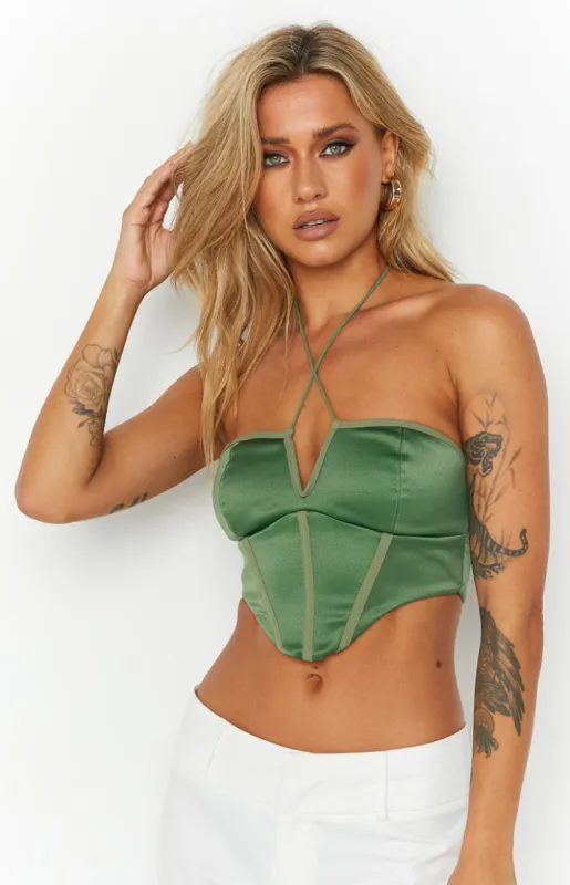 Elizybeth Green Corset Top sold by Beginning Boutique