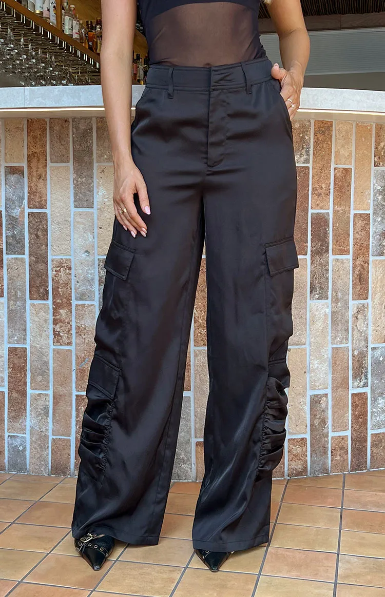 Satin Sapphire Black Cargo Pants sold by Beginning Boutique