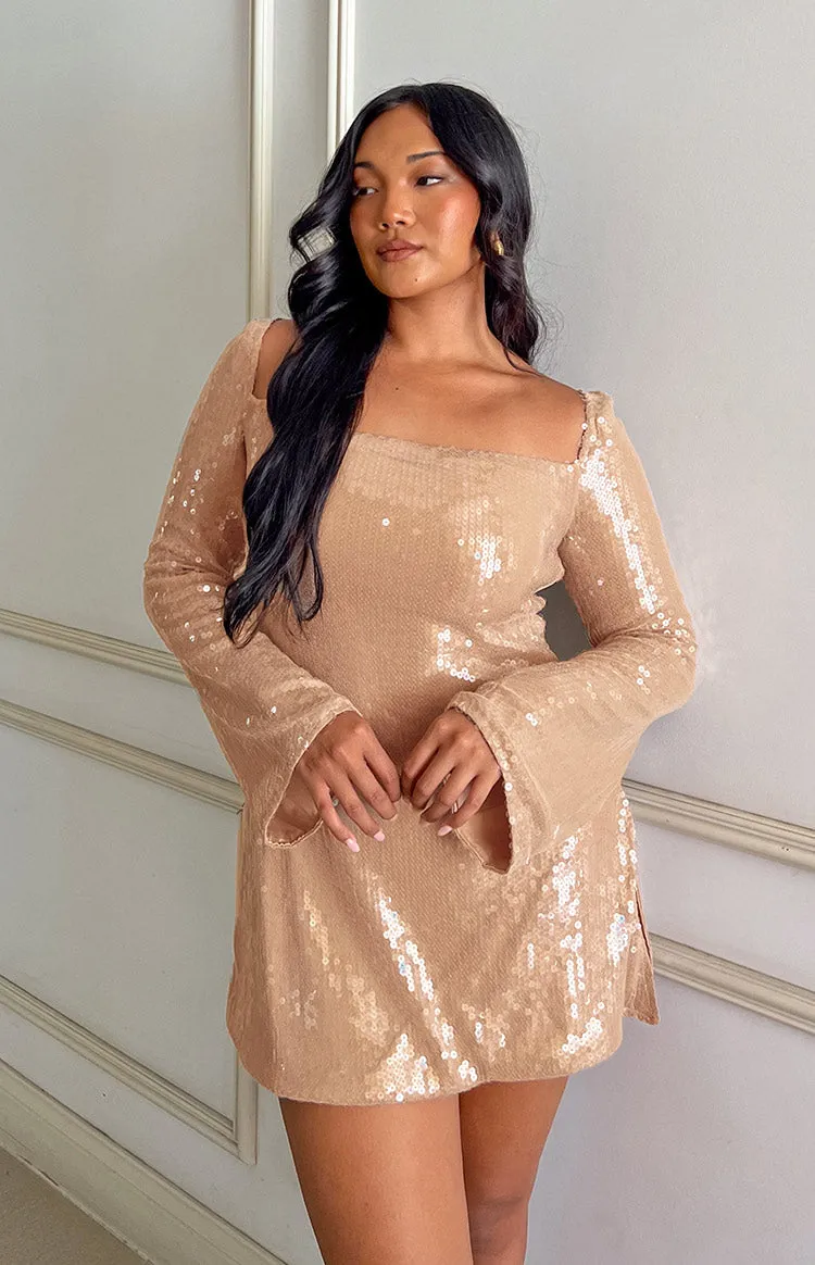 Marienne Champagne Sequin Long Sleeve Mini Dress sold by Beginning Boutique