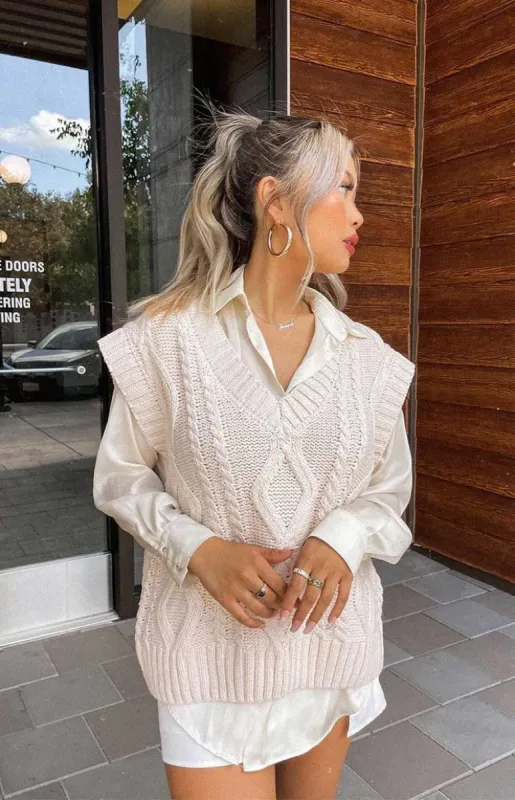 Diana Cable Knit Vest Cream sold by Beginning Boutique