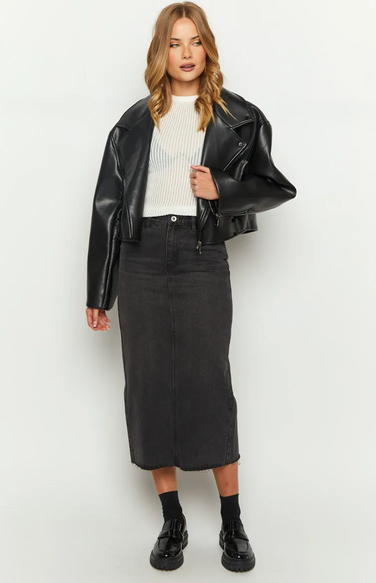 Isla Washed Black Denim Midi Skirt sold by Beginning Boutique