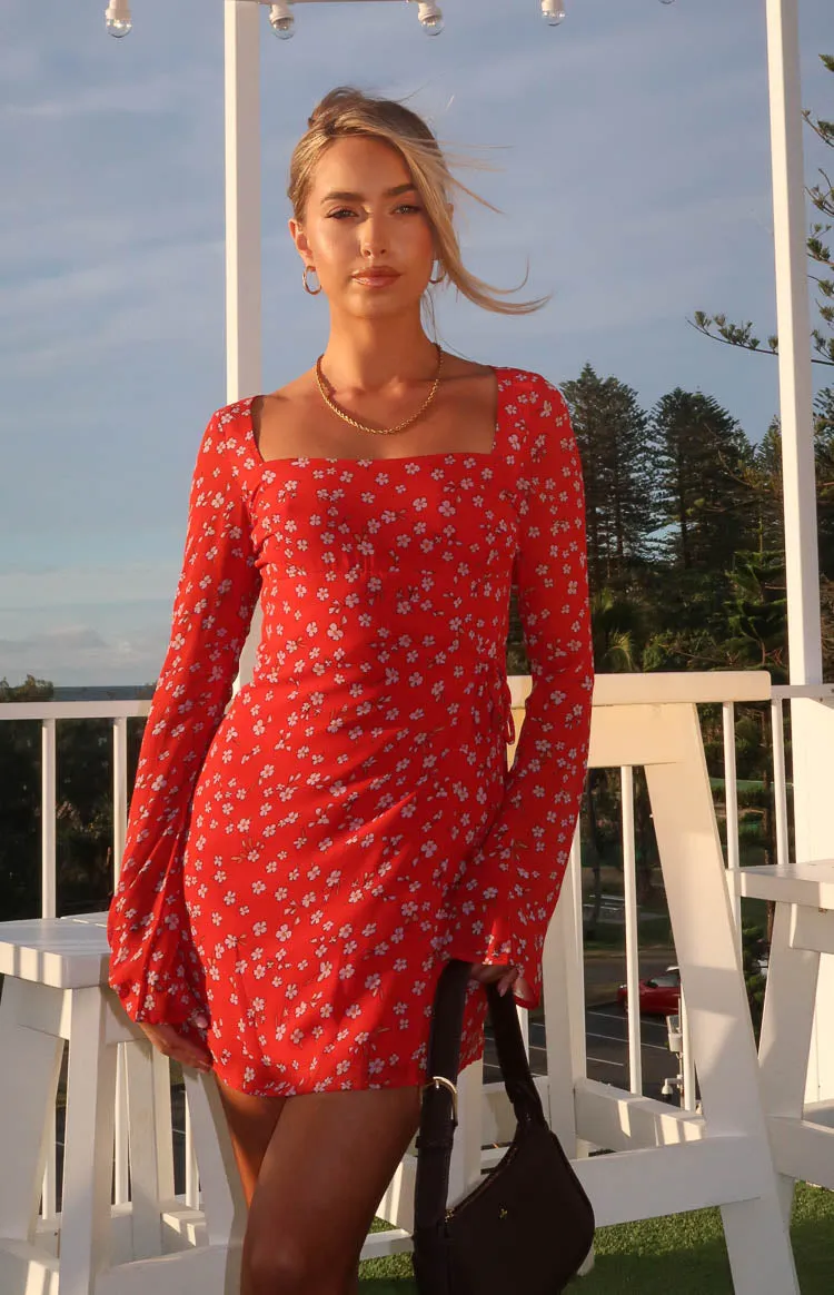 Goldie Red Floral Long Sleeve Mini Dress sold by Beginning Boutique