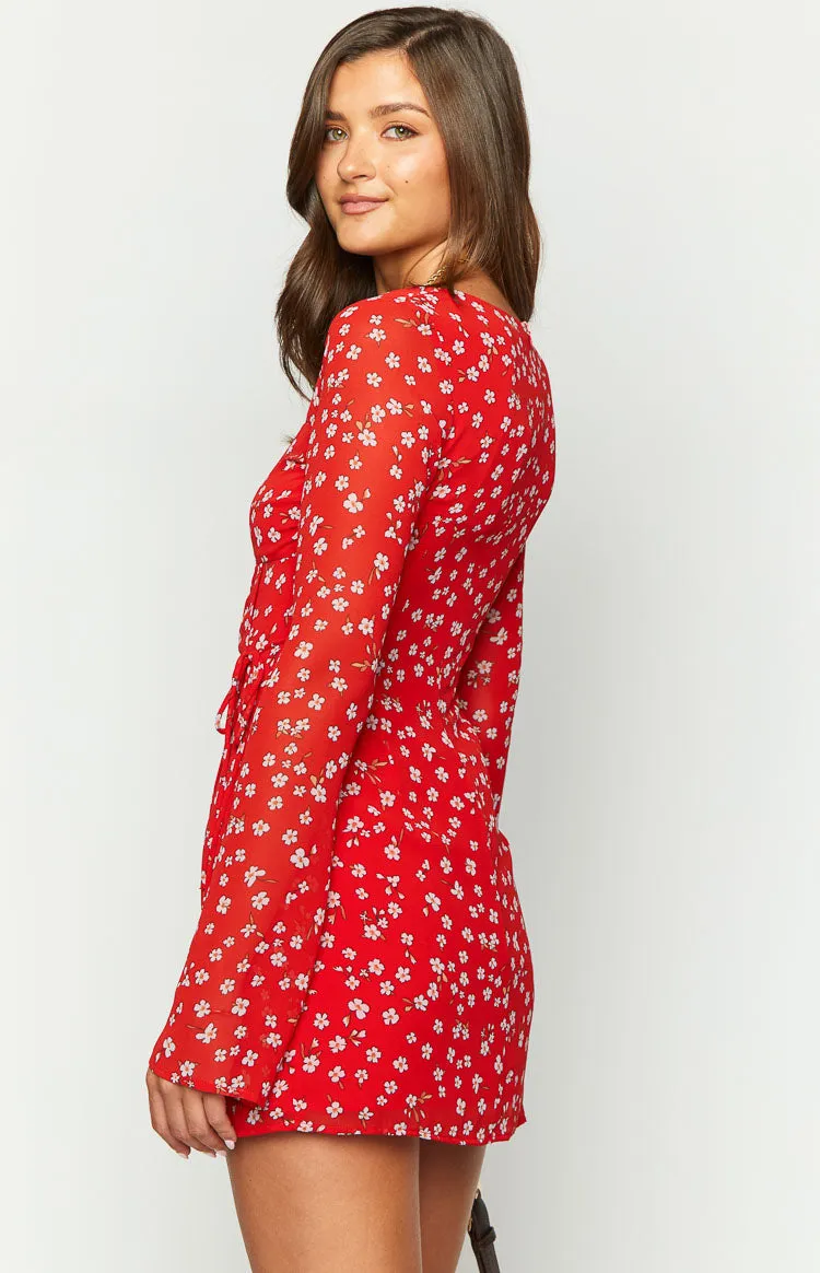 Goldie Red Floral Long Sleeve Mini Dress sold by Beginning Boutique product image thumbnail 5