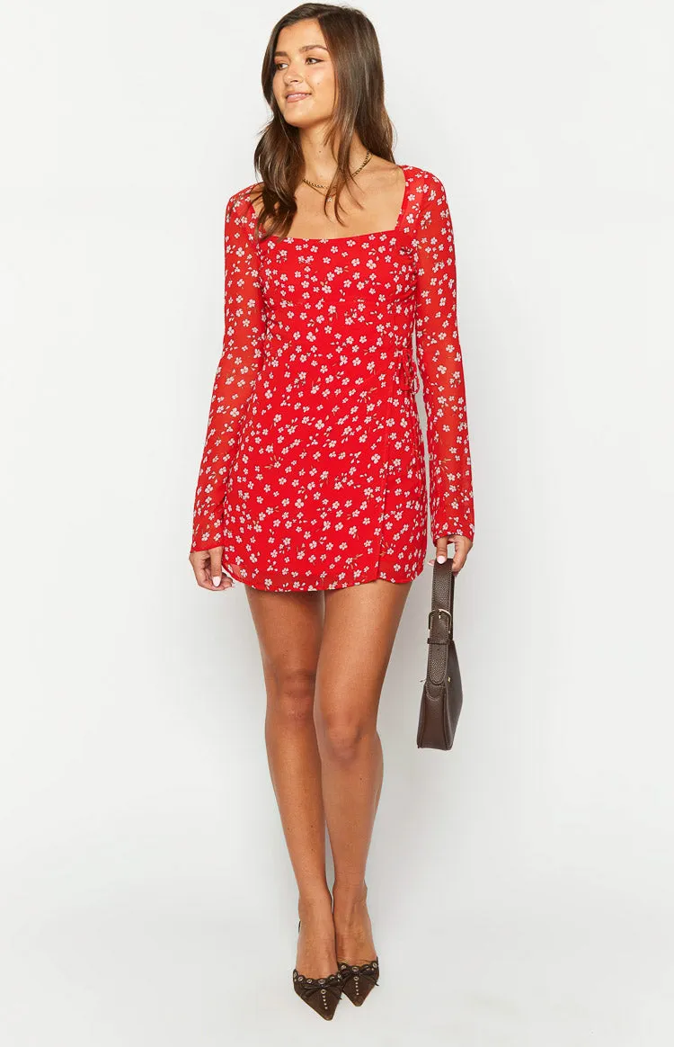 Goldie Red Floral Long Sleeve Mini Dress sold by Beginning Boutique product image thumbnail 2