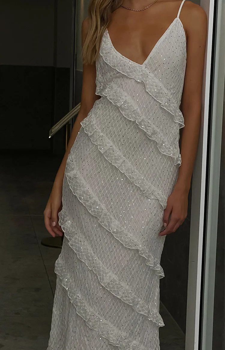 Hudson White Ruffle Maxi Dress sold by Beginning Boutique