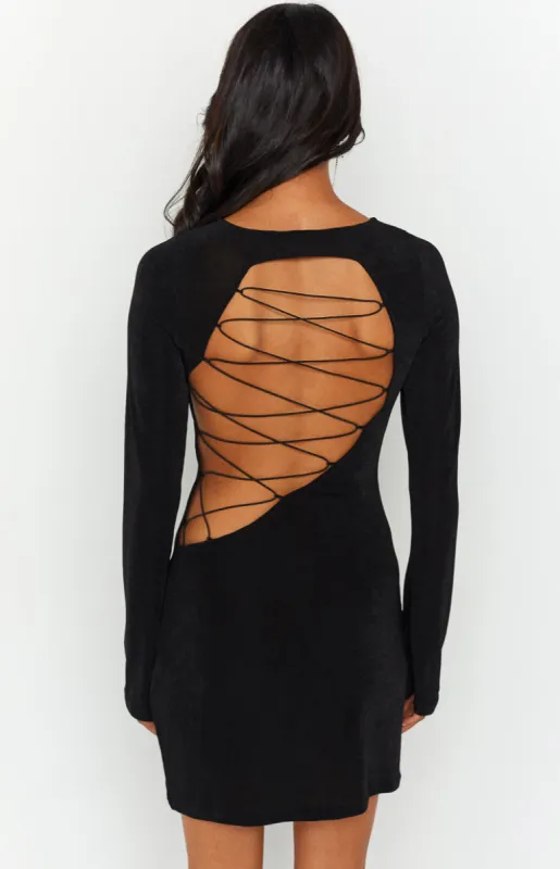 Florence Black Lace Up Mini Dress sold by Beginning Boutique