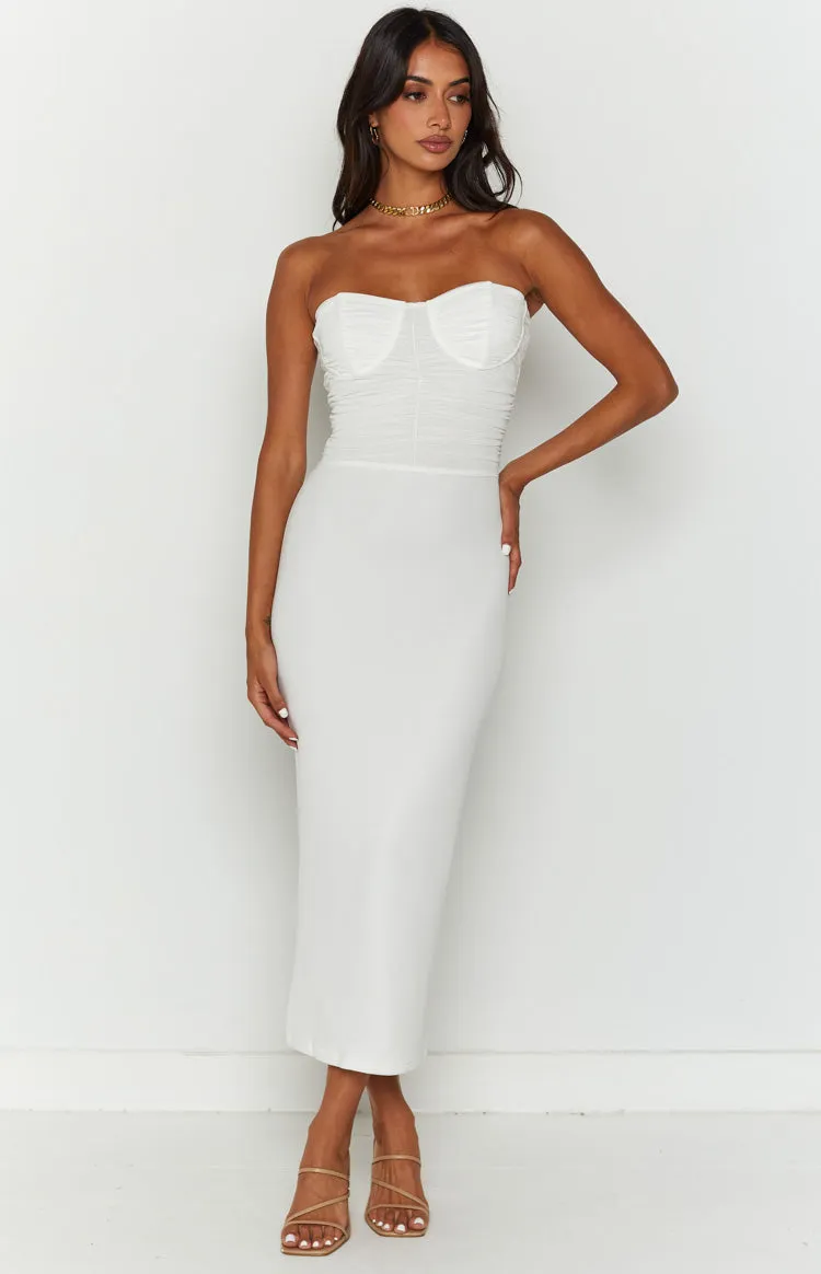 Darling White Gathered Midi Dress sold by Beginning Boutique