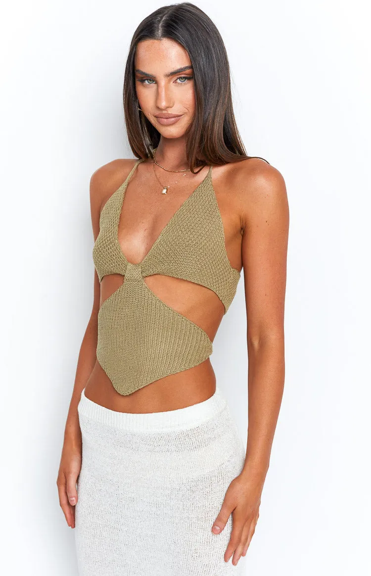 Opal Khaki Cut Out Crop Top sold by Beginning Boutique