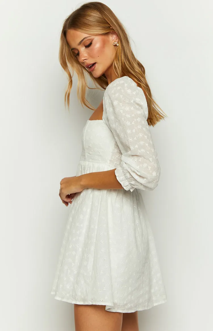 Rubi White Long Sleeve Broderie Mini Dress sold by Beginning Boutique product image thumbnail 4