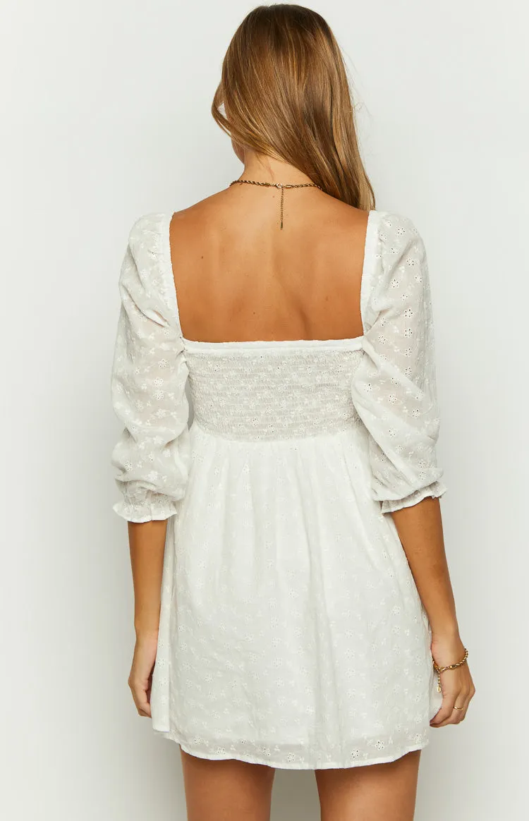 Rubi White Long Sleeve Broderie Mini Dress sold by Beginning Boutique product image thumbnail 5