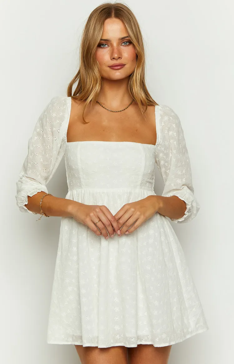 Rubi White Long Sleeve Broderie Mini Dress sold by Beginning Boutique product image thumbnail 3