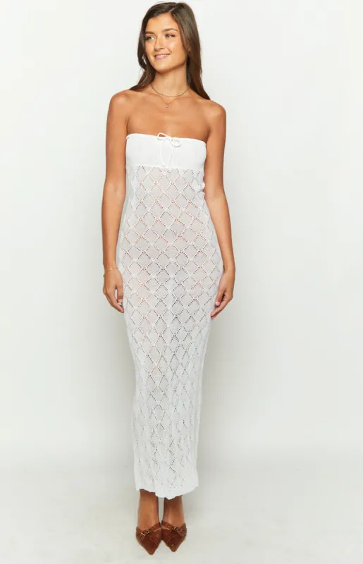 Halina White Knit Strapless Maxi Dress sold by Beginning Boutique