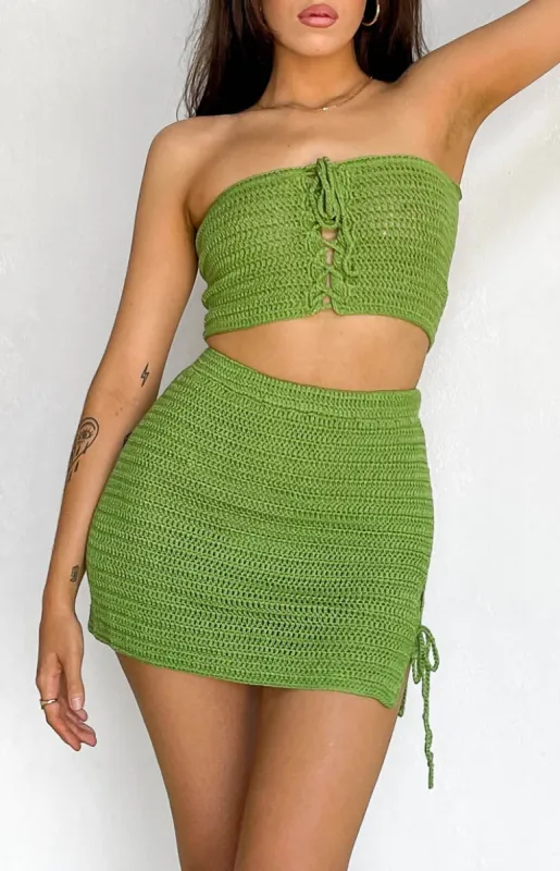 Sunny Green Crochet Mini Skirt sold by Beginning Boutique