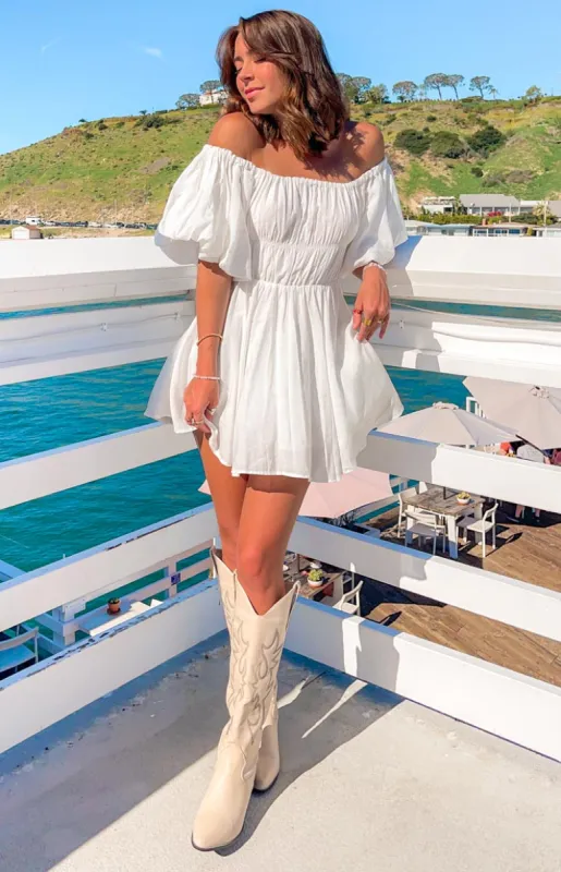 Paradise Puff Sleeve Dress White sold by Beginning Boutique