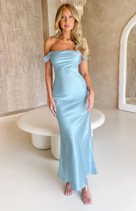 Ella Light Blue Off Shoulder Formal Dress sold by Beginning Boutique